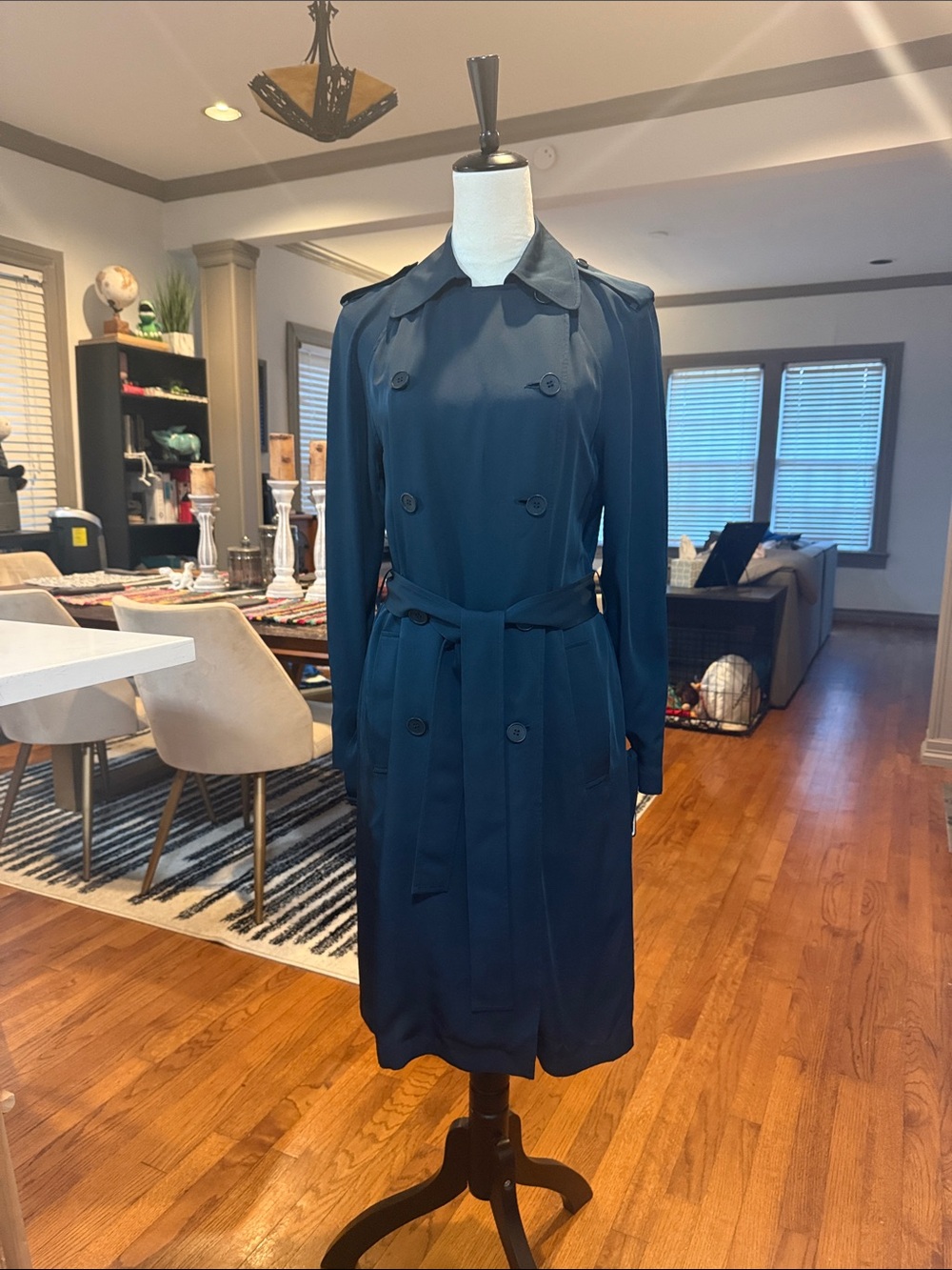 Theory Dark Teal 100% Silk Double-Breasted Trench Coat with Waist Tie